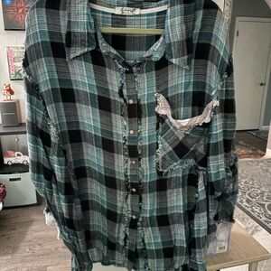 Free People Green and Black Plaid Button Down Shirt